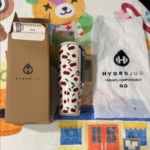 HydroJug Cream Travel Tumbler with Red Cherry Pattern and Green Stems